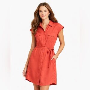 Express Red Shirt Dress Belted Workwear Lightweight Capsule Wardrobe Size XS